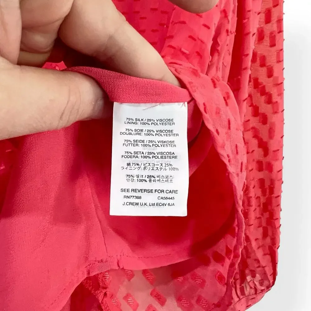 J. Crew Swiss Dot Silk Blend Blouse Size 4 Coral Pink Sheer Textured V-Neck